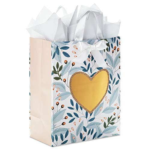 Hallmark 13 Large Gift Bag with Tissue Paper Green Foliage Gold Heart for Weddings Engagements Anniversaries Bridal Showers Christmas Valentines Day