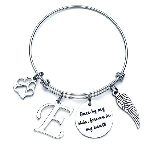 Pet Loss Bracelets Memorial Gifts  Pet Loss Sympathy Gifts in Memory of Dog Remembrance Charm Bracelets for Dog Lover E Initial Bracelet with Angel Wing Once by My Side Forever in My Heart