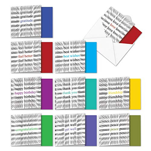 ACQ4951XXB-B1x10 Words in Motion: Assorted Set of 10 Blank 'Square-Top' Greeting Cards Featuring Evocative Images of Powerful and Moving Words; with 5" x 7" Envelopes