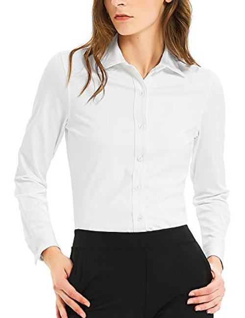 Safort Womens Basic Stretch Button Down Shirt with Long Sleeve Slim Fit Dress Shirt White L Safort Womens Basic Stretch Button Down Shirt with Long Sleeve Slim Fit Dress Shirt White L
