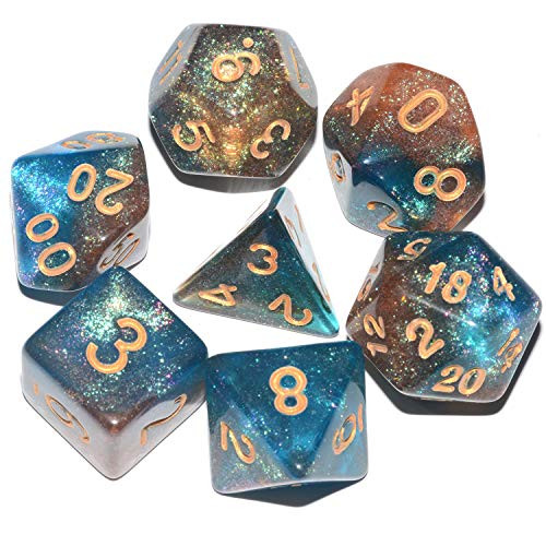 Galaxy DND Dice 7Pieces Glitter Sparkle Cosmic Orange and Blue Mixed Polyhedral DND Dice for RPG MTG Table Game Dice