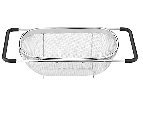 Over The Sink Stainless Steel Oval Colander with Expandable Rubber Grip Handles Strainers Fine Mesh Strainer Basket Kitchen 6 Quart Colander for Strain Drain Rinse Fruits Vegetables
