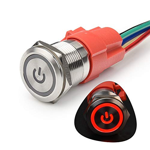STARELO 19MM 34 Latching Push Button Switch 5A 12V 1NO1NC SPDT ONOff Waterproof Stainless Steel Shell with Power Symbol Ring LED with Wire Socket PlugRed
