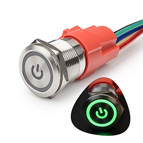 STARELO 19MM 34 Latching Push Button Switch 5A 12V 1NO1NC SPDT ONOff Waterproof Stainless Steel Shell with Power Symbol Ring LED with Wire Socket PlugGreen