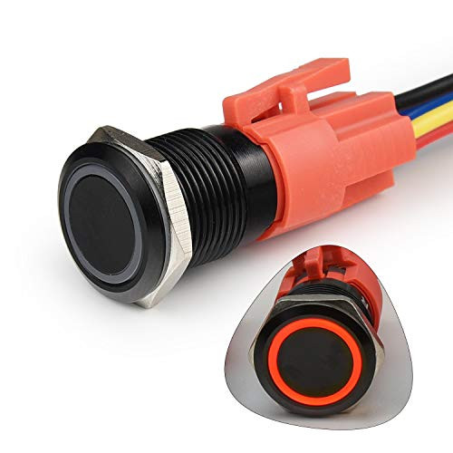 STARELO 16MM 58 Latching Push Button Switch 5A 12V 1NO1NC SPDT ONOFF Waterproof Aluminum Black Shell with LED Ring with Wire Socket Plug Red