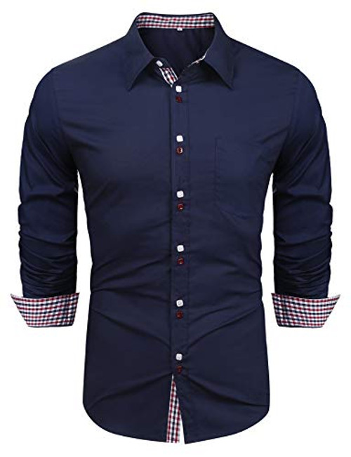 LecGee Mens Slim Fit Dress Shirt Plaid Collar Long Sleeve Button Down Shirt Casual Shirt Navy Blue LecGee Mens Slim Fit Dress Shirt Plaid Collar Long Sleeve Button Down Shirt Casual Shirt Navy Blue