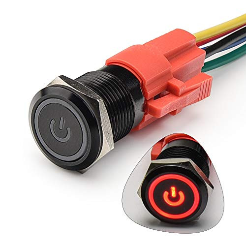 STARELO 16MM 58 Latching Push Button Switch 5A 12V 1NO1NC SPDT ONOFF Waterproof Aluminum Black Shell with Power Symbol Ring LED with Wire Socket Plug Red