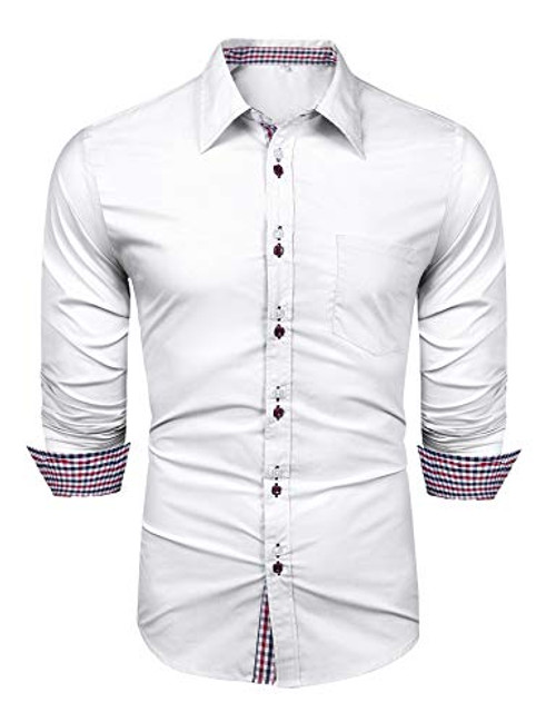 LecGee Mens Fashion Cotton Dress Shirt Long Sleeve Plaid Collar Slim Fit Button Down Shirts White LecGee Mens Fashion Cotton Dress Shirt Long Sleeve Plaid Collar Slim Fit Button Down Shirts White