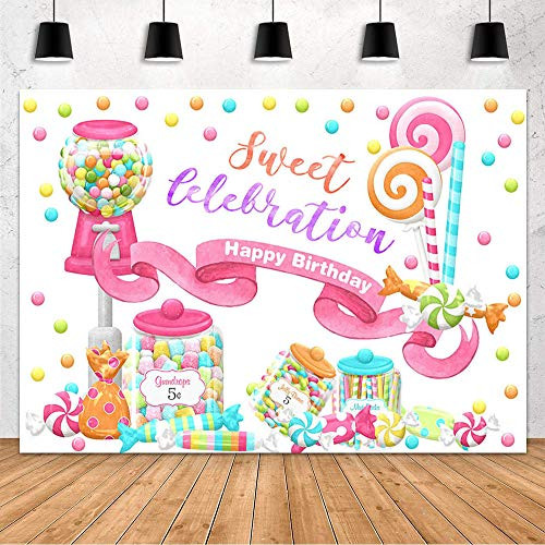 Mehofond Sweet Candy Backdrop Girl Happy Birthday Party Decoration Backdrop Colorful Pink Sugar Candy Jar Lollipops Banner Photography Background Photo Studio Props Vinyl 7x5ft