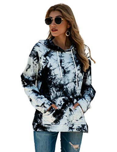 YAXIYA Womens Casual Long Sleeve Shirts Tie Dye Hoodie Pullover Sweatshirt WhiteBlack XLarge