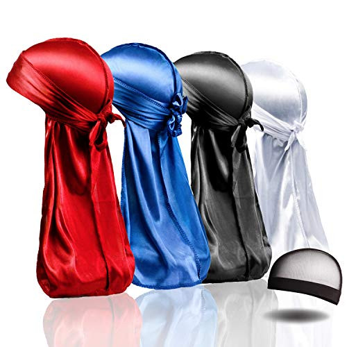 4PCS Silky Durags Silk Durag for Men Women Waves Silk Durag Pack with 1 Wave Cap Silky Satin Durag Extra Long Tails