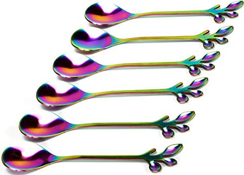 Coffee Spoon Soup Spoons Sugar Spoons Stainless Steel Reusable Tea Scoops Stirring Spoon Coffee Spoon Mixing Spoon Sugar Dessert Cake Spoon Ice Cream Spoons 6 SpoonsRainbow