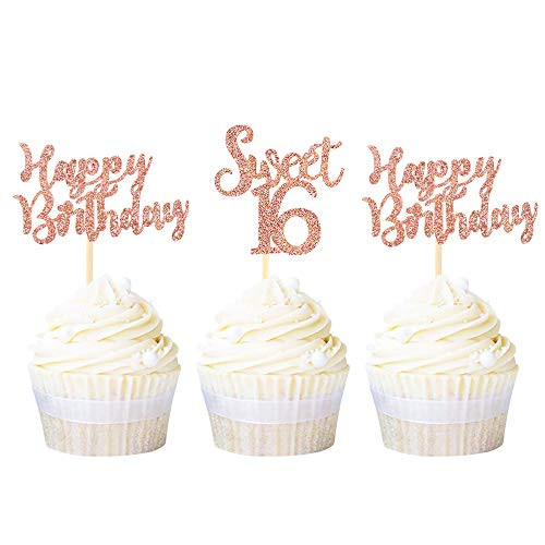 Ercadio 24 Pack Sweet 16 Cupcake Toppers Rose Gold Glitter Sixteen Happy Birthday Cupcake Picks 16th Birthday Anniversary Party Cake Decorations