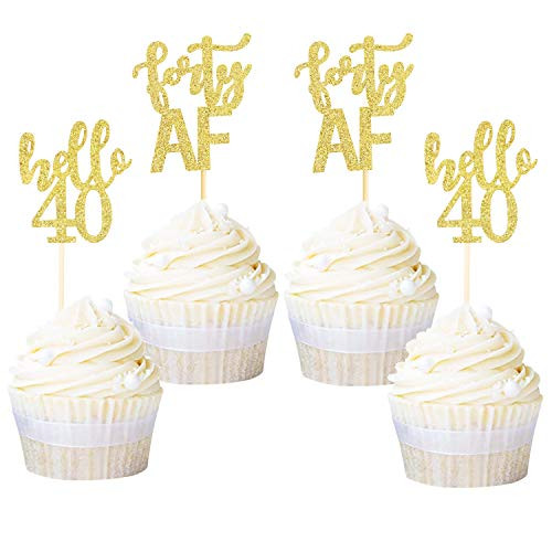 Ercadio 24 Pack Forty AF Cupcake Toppers Gold Glitter Hello 40 Cupcake Picks 40th Birthday Anniversary Retirement Party Cake Decorations