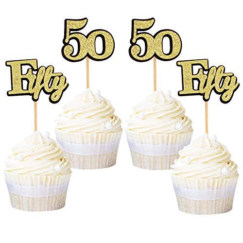 Ercadio 24 Pack Double Layers Number 50 Cupcake Toppers Gold and Black Glitter Age fifty 50th Birthday Cupcake Picks Wedding Anniversary Party Cake Decorations Supplies