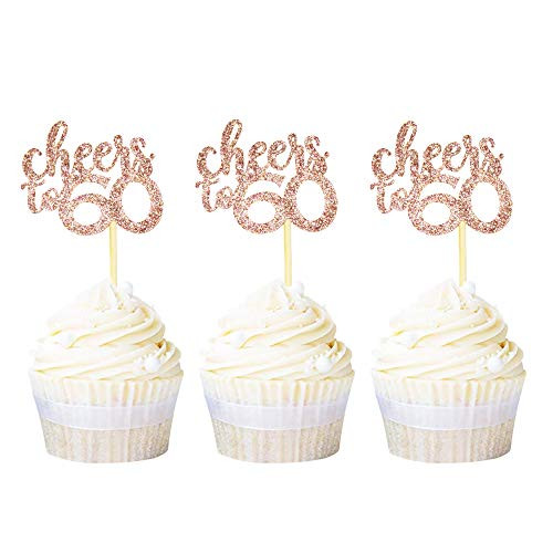 Ercadio Rose Gold Glitter Cheers to 60 Cupcake Toppers Age Sixty 60th Birthday Cupcake Picks Anniversary Party Cake Decoration Supplies 36 PCS
