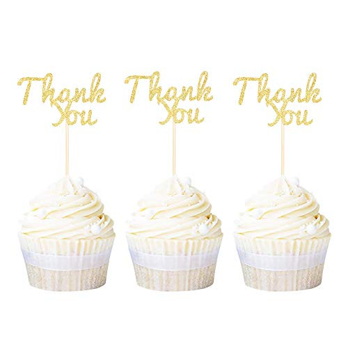 Ercadio 24 Pack Gold Glitter Letter Thank You Cupcake Toppers Thanksgiving Cupcake Picks Baby Shower Kids Birthday Party Cake Decorations