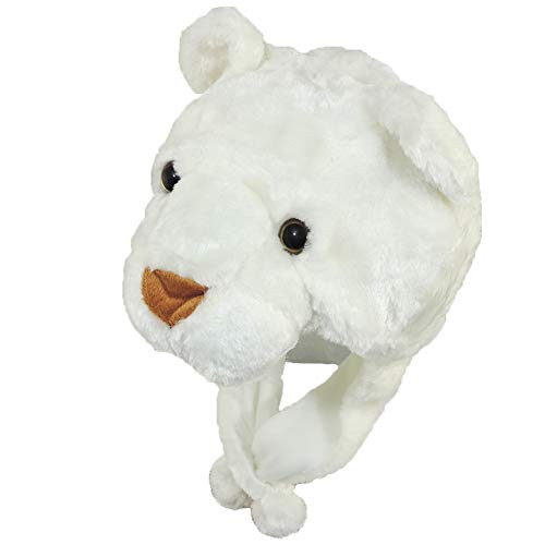 Plush White Lion Hat With Ear Flaps  Pom Poms