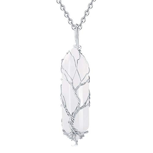 XIANNVXI Tree of Life Wire Wrapped Crystal Point Pendant Necklace Reiki Healing Crystal Stone Clear Quartz Necklaces Natural Hexagonal Gemstone Jewelry for Women