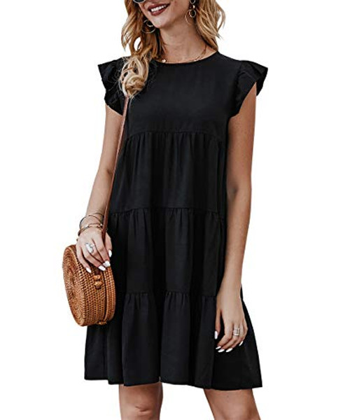 KIRUNDO Womens Summer Mini Dress Sleeveless Ruffle Sleeve Round Neck Solid Color Loose Fit Short Flowy Pleated Dress Small Black