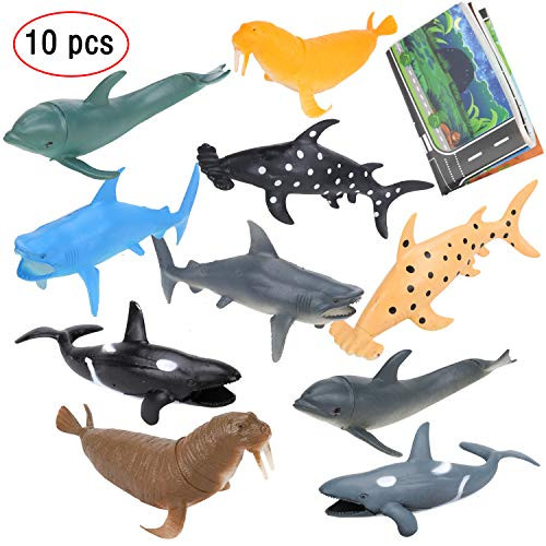 IAMGlobal 10 Pcs 7 Inch Sea Animals Figure Toys With 31 Inch Cute Map, Huge Whale And Shark Toy Figures, Realistic Ocean Creatures, Plastic Animal Toy Set, Large Deep Sea Animals, Kids Figure Bath Toy