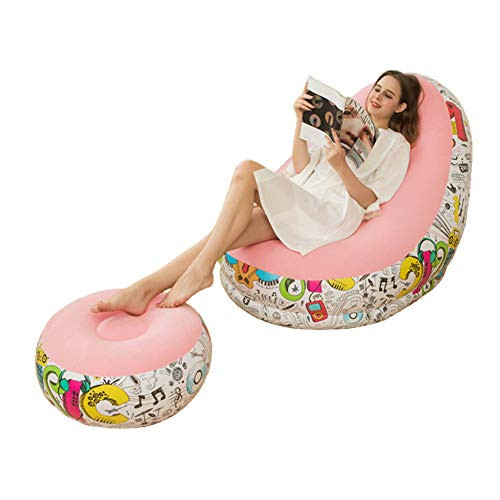 RITONS Inflatable Lounge Chair with Ottoman Blow Up Chaise Lounge Air Lazy Sofa Set Flocked Couch Portable Inflatable Seats for Lounge Inflatable Deck Chair for Indoor  Outdoor Macaron Pink