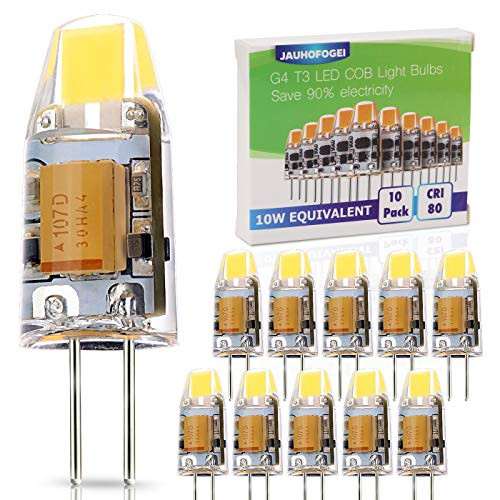 JAUHOFOGEI 10pcs G4 Bi Pin Base 1W LED COB Bulbs Daylight White 6000K 12V AC DC 10W Glass Halogen Light Bulb Replacement JC T3 for Under Cabinet Puck Light Landscape Lighting