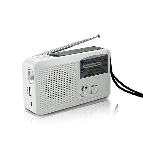 Emergency Radio with Solar and Hand Crank Self Powered Battery USB Recharging FMAM Radio LED Flashlight Cell Phone Charger White
