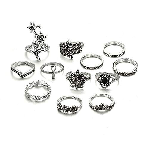815 Pcs Bohemia Knuckle Rings for Women Vintage Joint Finger Rings Carved Hollow Flowers Stackable Knuckle Midi Rings Set D 12 pcs silver flower rings