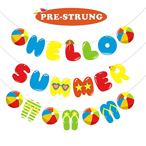 partyGO Beach Ball Hello Summer Banner  Pool Birthday Party Theme Decoration  Summer Pool Beach Party Happy Birthday Party Garland  Summer Party Supplies