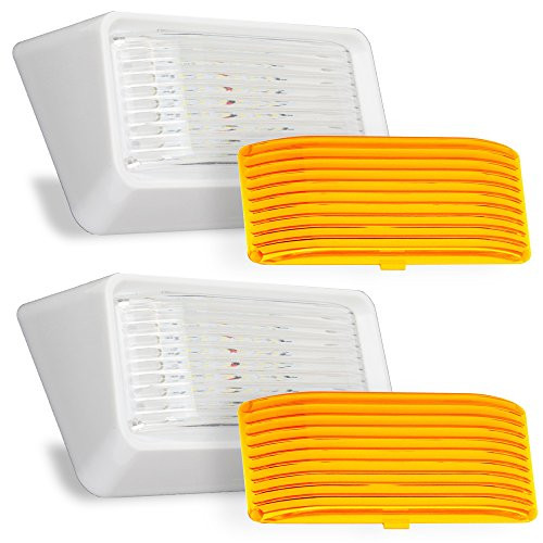 LED RV Exterior Porch Utility Light - 12v 280 Lumen Lighting Fixture. Replacement Lighting for RVs, Trailers, Campers, 5th Wheels. White Base, Clear and Amber Lenses Included (White, 2-Pack)