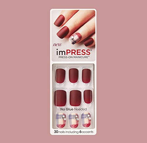 Impress by Kiss 1 Pack PressOn Gel Manicure 30 False Nails including Accents  Matte Dark Red Nails and Matte Red White  Blue Plaid with Clear Faux Rhinestones  Boogie Down #76000