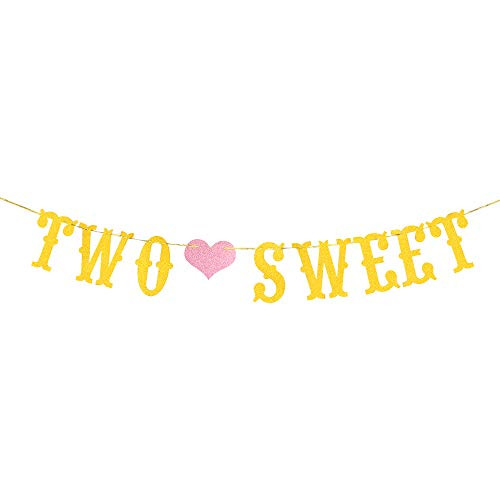 Two Sweet Banner  Happy 2nd Birthday Baby Boy and Girl Second Birthday Party Decoration Baby Shower Wedding Anniversary Hanging Parper Banner Gold Glitter