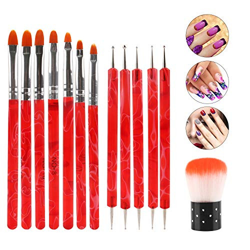 JMEOWIO 13PCS Uv Gel Nail Brush Nail Art Tips Builder Brush Poly Extension Gel Brush Nail Dotting Painting Brush Nail Art Dust Remover Brushes Powder for Nail Salon Home Use Gift for Women Girl Red