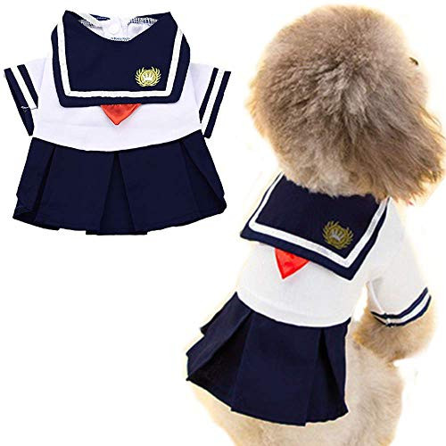 ANIAC Pet Navy Captain Suit Sailor Costume Student Uniform with Red BowKnot Cute Skirt Warm Clothes for Cats and Dogs Large