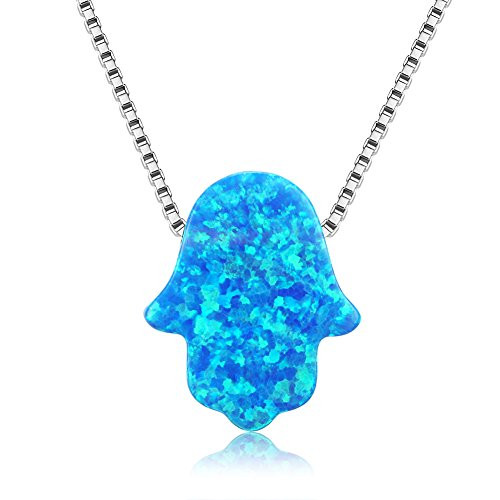 Kaletine Hamsa Hand of Fatima Necklace Sterling Silver Blue Synthetic Opal Pendant 11x13mm Box Chain 162 Ext