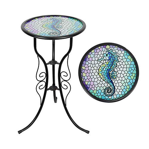 Liffy Outdoor Mosaic Side Table Seahorse Bench Small Patio Round Printed Glass Table for Garden Yard or Lawn