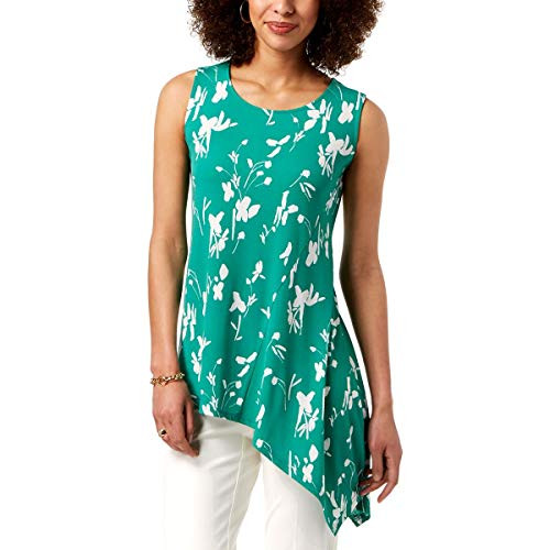 Alfani Womens Floral Print Asymmetrical Pullover Top Green 0X