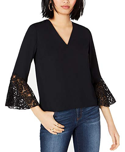 Bar III LaceTrim BellSleeve Top Black M