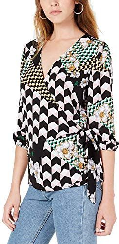 Bar III Womens Blouse Pink Medium MixedPrint Wrap Black M