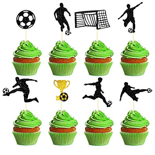 40pcs Soccer Ball Cupcake Toppers Black Glitter Football Cupcake Topper Play Soccer Picks for Sports Themed Birthday Baby Shower Party Cake Decorations