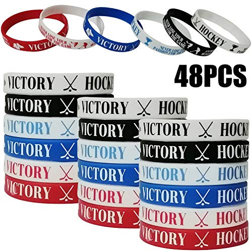 48 PCS Hockey Motivational Rubber Bracelets for Kids Adult  SportsHockey Birthday Party Favors Supplies Decorations Gifts Prize Silicone Wristbands