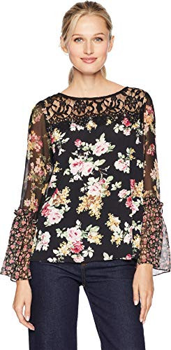 Karen Kane Contrast Lacy Yoke Top Print XS