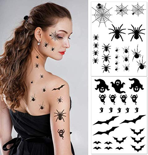 FINGOOO 12 Pack Halloween Tattoos StickerHalloween Crawling Spider and Ghost Spider Web Tattoos