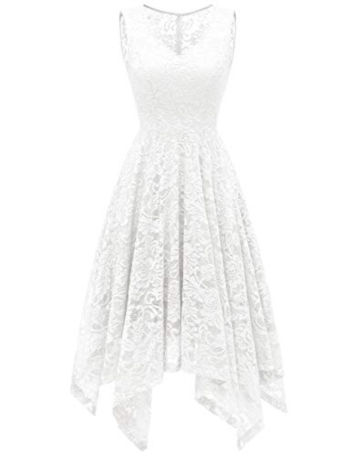 Meetjen Womens Elegant Floral Lace Sleeveless Handkerchief Hem Asymmetrical Cocktail Party Swing Dress White S