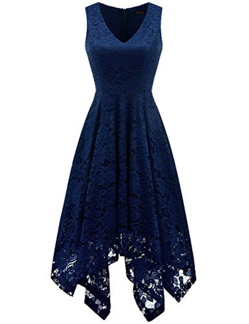 Vintage Floral Lace Dress Handkerchief Hem Asymmetrical Cocktail Formal Swing Dress Navy M