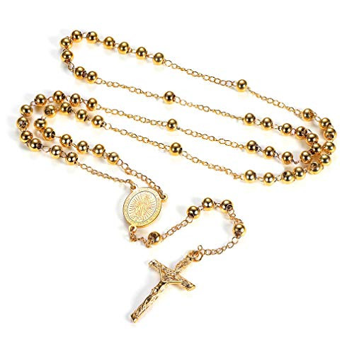 FaithHeart Rosary Beads Catholic Necklace Holy Soil Virgin Mary Medal with Cross Crucifix Pendant 6MM Beads 28 Inches Chain 67 Inches Pendant Gold