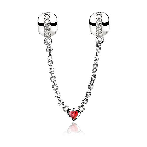 ATHENAIE 925 Sterling Silver Love Heart Connection Clear CZ Safety Chain Fit European Bracelets Color Red