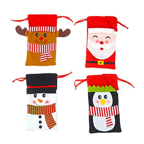 AMOSFUN Christmas Drawstring Gift Bag Candy Pouch Portable Bag Santa Snowman Elk Penguin Cookie Wrapping Bags for Xmas Party Candy Gift Bag Supplies 4pcs