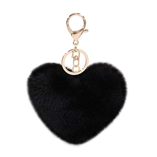 Womens Heart Puffball Keychain Faux Fur Pom Pom Keyholder Bag Accessory Keyring Backpack Charms for Girlsblack
